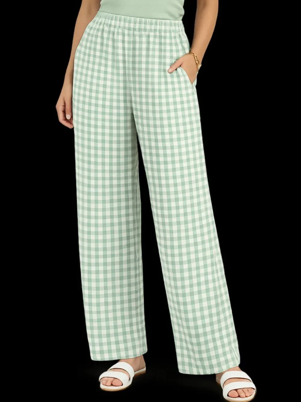 Green and White Gingham Viscose Pants - Small